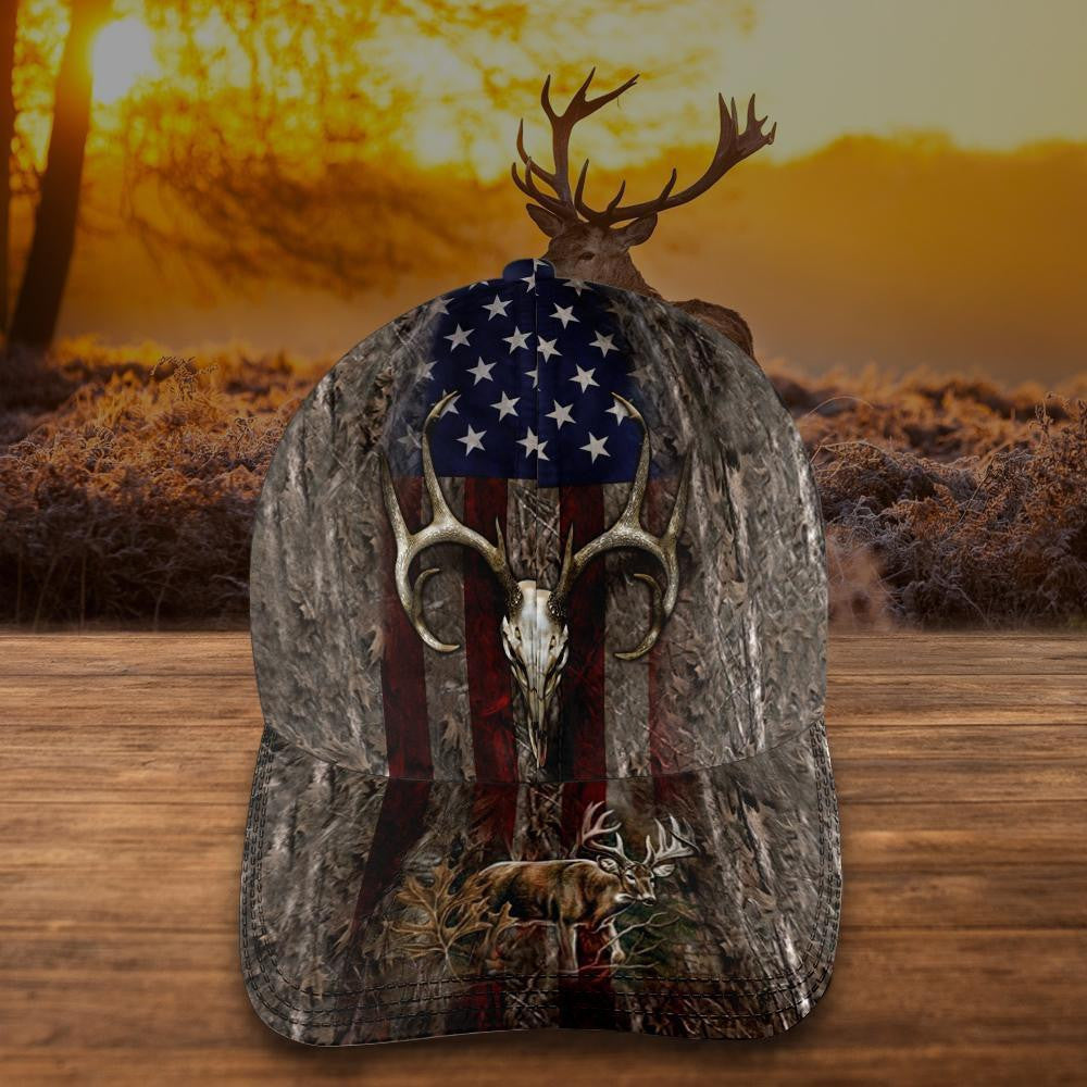 Deer Hunter Cap, Deer Skull With American Flag, Custom Your Cap All Over Printed