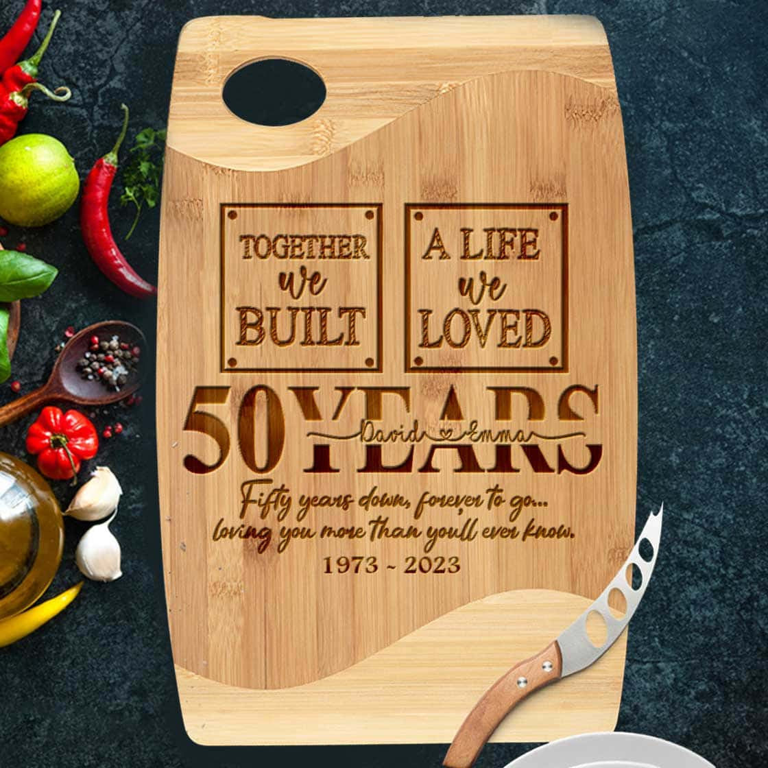 Personalized 50th Wedding Anniversary Gift for Wife Cutting Board Kitchen Utensils