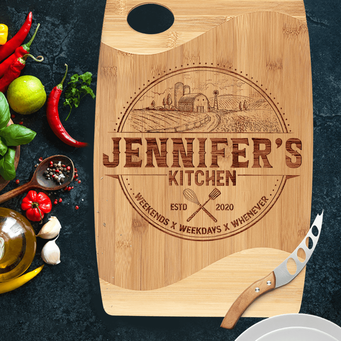 Personalized Cutting Board - Weekend, Weekdays, Whenever - Kitchen Sign - Custom Name and Year