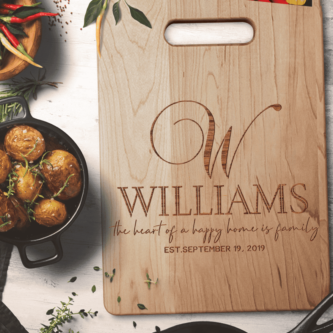 Personalized Cutting Board for Couples - The Heart of a Happy Home is Family - Initials Name - Custom Name
