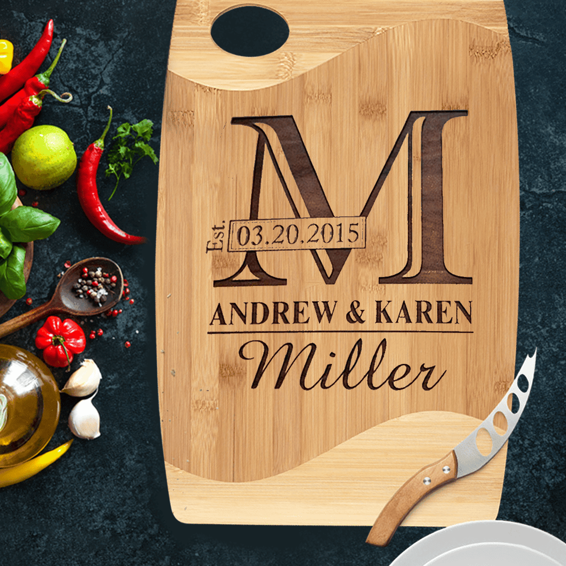 Personalized Cutting Board with Classic Monogram Design, Wedding & Anniversary Gift for Couples-Housewarming and Closing Present