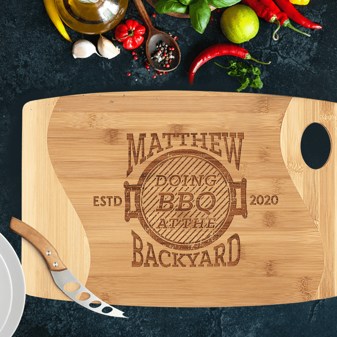 Personalized Cutting Board for Men - Doing BBQ At The Backyard - Custom Name - Custom Year - Father's Day Gift