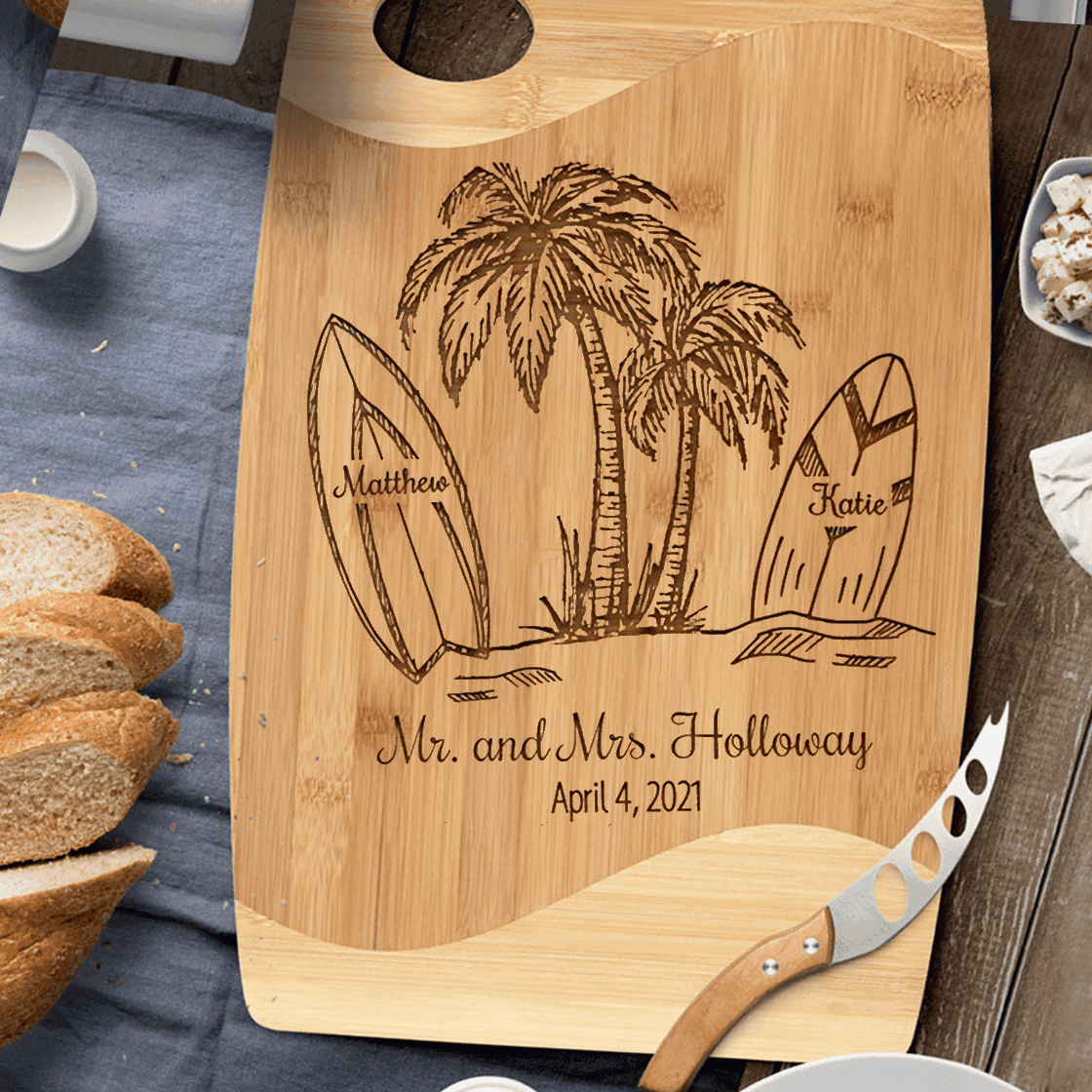 Personalized Surfboard Cutting Board, Surf Decor, Coastal Wedding Gift, Beach Kitchen Decor, Anniversary
