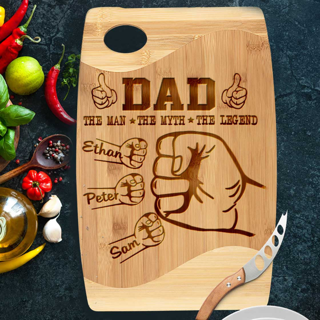 Personalized Dad Kid Hands Cutting Board Engraved, The Man The Myth The Legend Father Kitchen Utensils