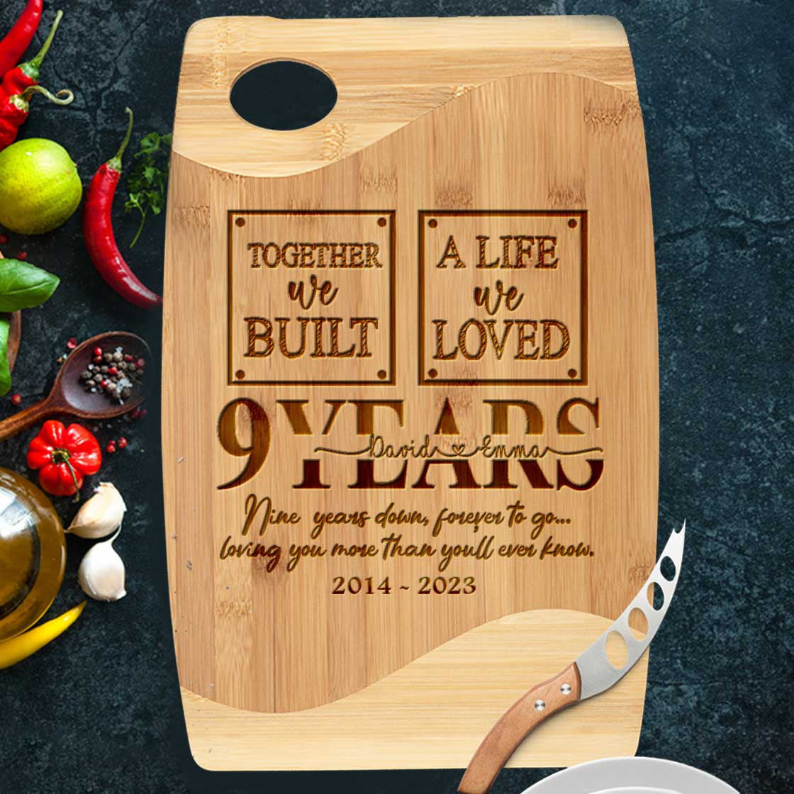 Personalized 9th Wedding Anniversary Gift for Wife Cutting Board Kitchen Utensils