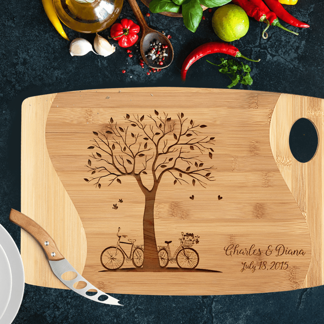 Personalized Cutting Board, Tree with Bikes, Gift for Couple, Engagement, Wedding, Anniversary, New Home