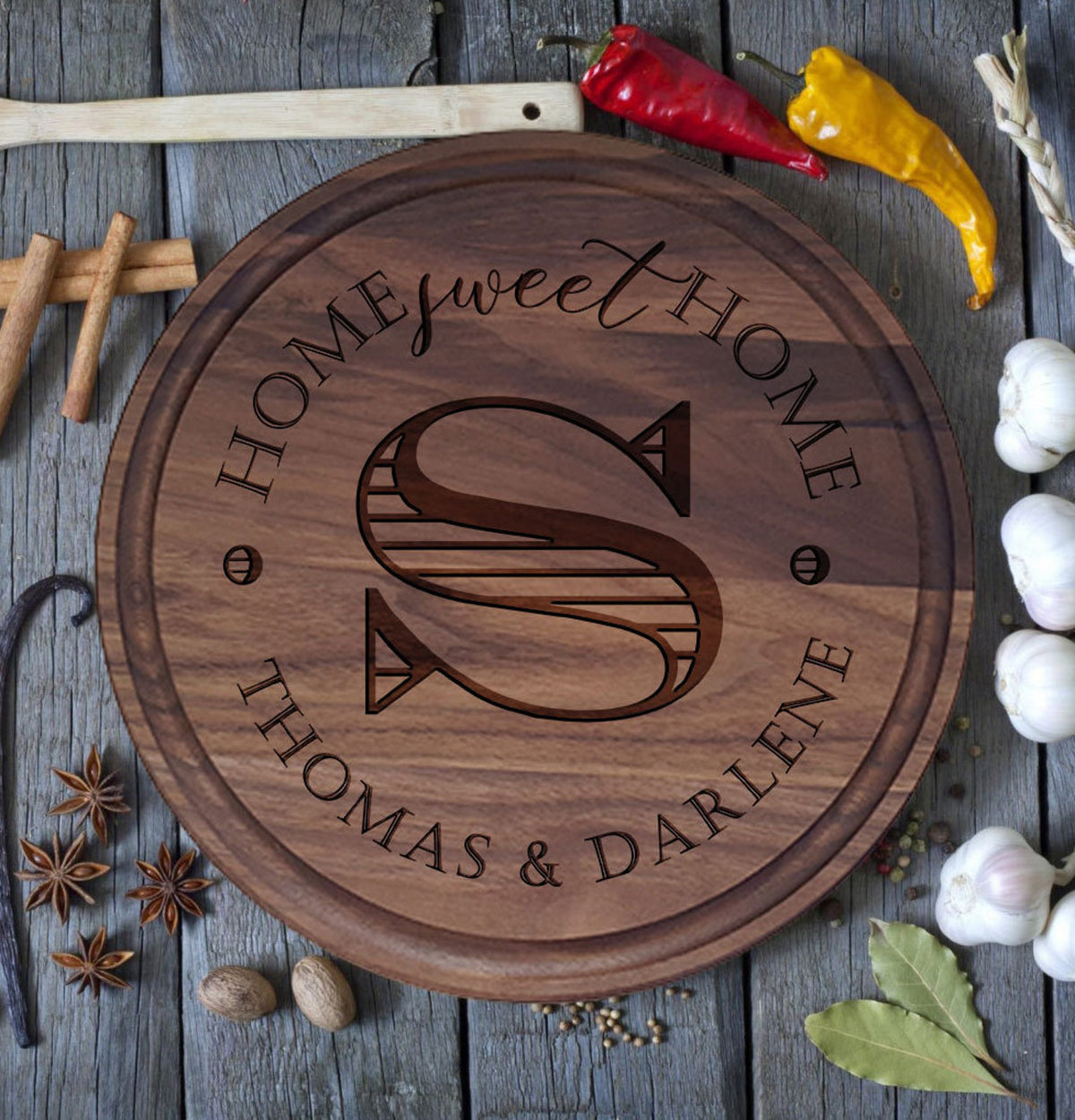 Round Cutting Board, Custom Round Cutting Board With Juice Groove , Cheese Board, Custom Kitchen Sign, Home Sweet Home