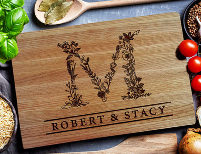 Personalized Cutting Board, Custom Carving Board, Floral Design Monogram, Chopping Board, Wedding Monogram By Engravedsensations