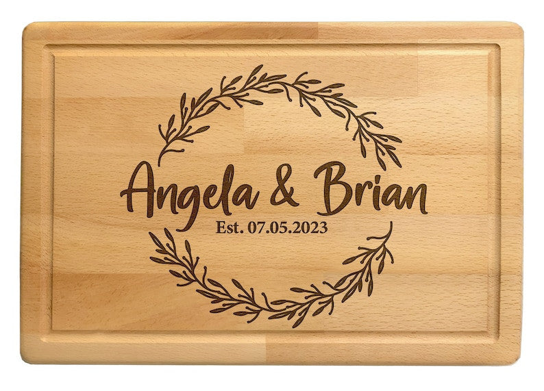 Personalized Handmade Cutting Board Farmhouse Wreath Design, Custom Wedding & Anniversary Gift for Couples, Housewarming and Closing Present