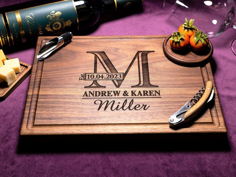 Handmade Cutting Board Personalized Classic Monogram Design Wedding & Anniversary Gift for Couples-Housewarming and Closing Present