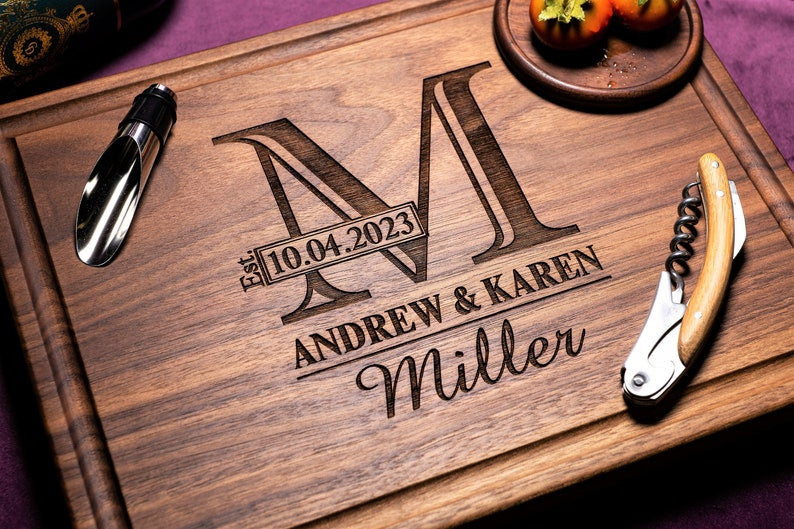 Handmade Cutting Board Personalized Classic Monogram Design Wedding & Anniversary Gift for Couples-Housewarming and Closing Present