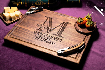 Handmade Cutting Board Personalized Classic Monogram Design Wedding & Anniversary Gift for Couples-Housewarming and Closing Present