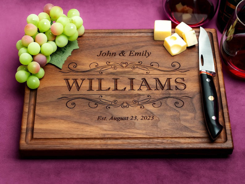Handmade Cutting Board Personalized Regal Swirl Design Wedding & Anniversary Gift for Couples-Housewarming and Closing Present