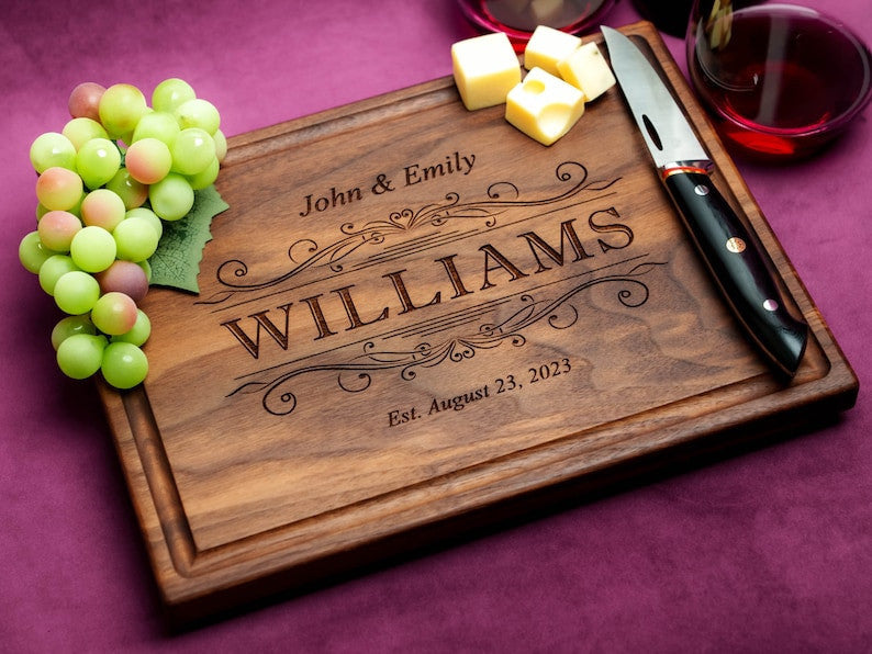 Handmade Cutting Board Personalized Regal Swirl Design Wedding & Anniversary Gift for Couples-Housewarming and Closing Present