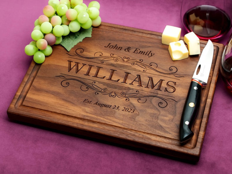 Handmade Cutting Board Personalized Regal Swirl Design Wedding & Anniversary Gift for Couples-Housewarming and Closing Present