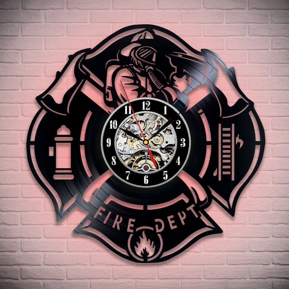 Veteran Memorial Gift: Firefighter Metal Sign and Vinyl Record Clock