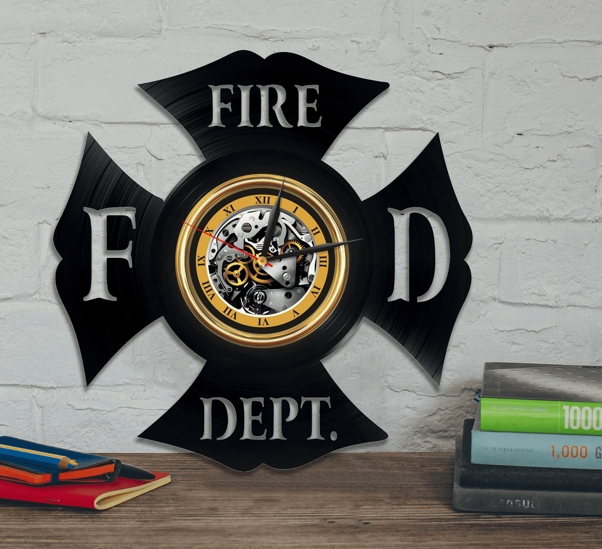 Fire Department Vinyl Record Wall Clock Original Wall Art Original Decor For Office Laser Cut Artwork Retirement Gift For Coworker