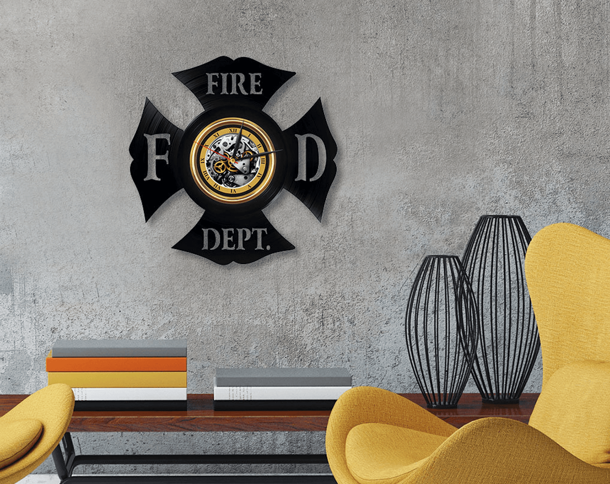 Fire Department Vinyl Record Wall Clock Original Wall Art Original Decor For Office Laser Cut Artwork Retirement Gift For Coworker
