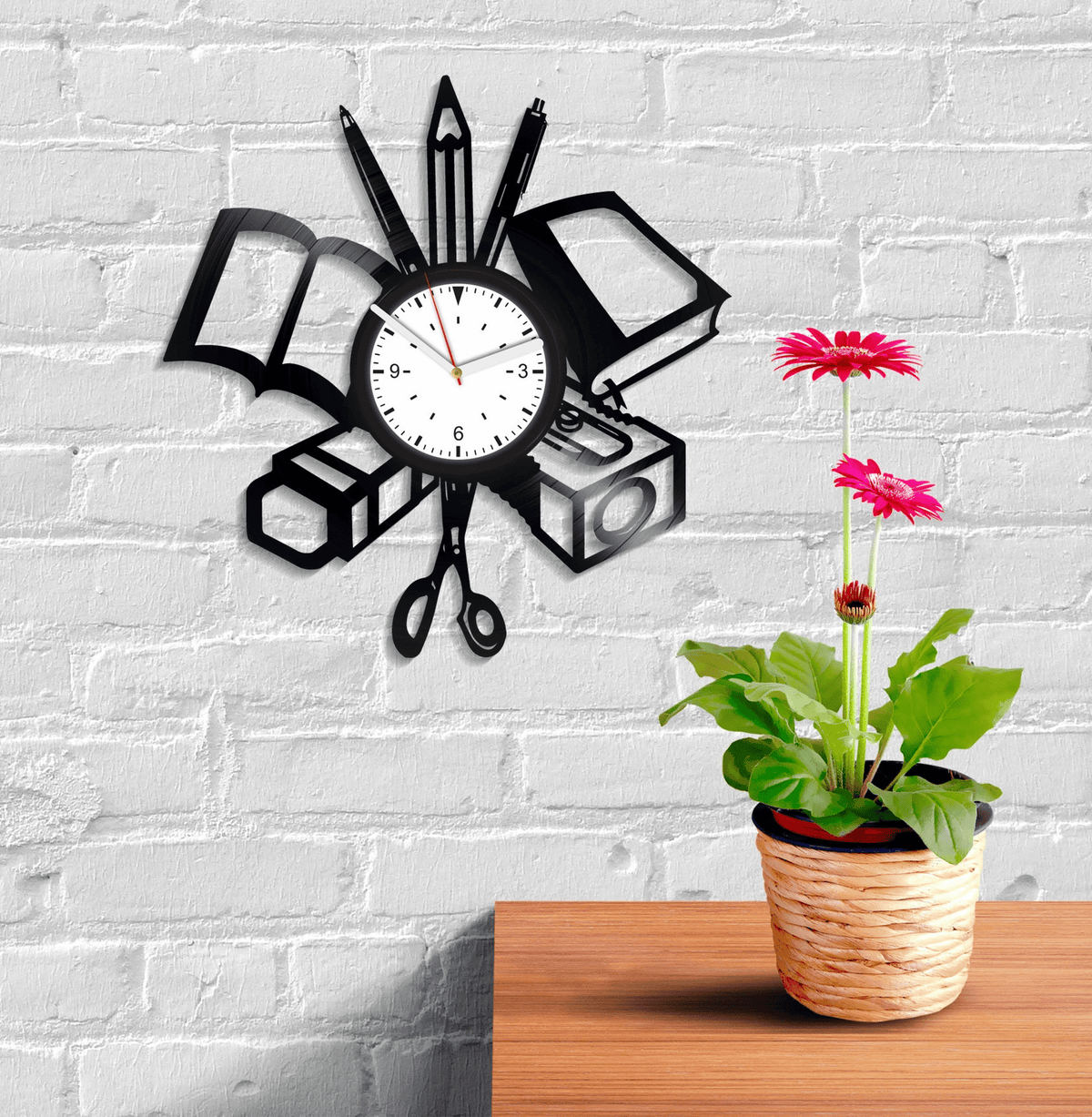 School Supplies Wall Clock Made From Vinyl Record, Vintage Decor For School, Birthday Gift For Teacher, Original Wall Art
