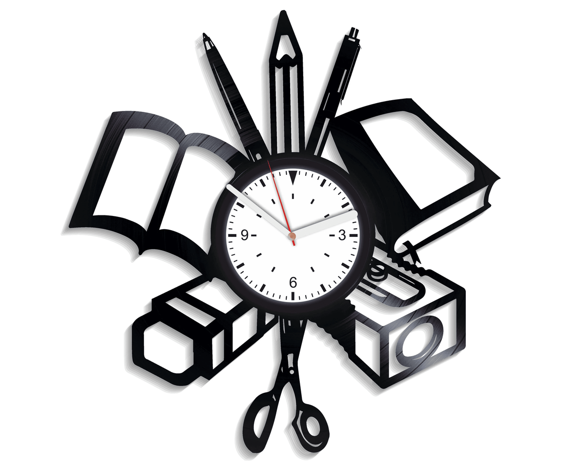 School Supplies Wall Clock Made From Vinyl Record, Vintage Decor For School, Birthday Gift For Teacher, Original Wall Art