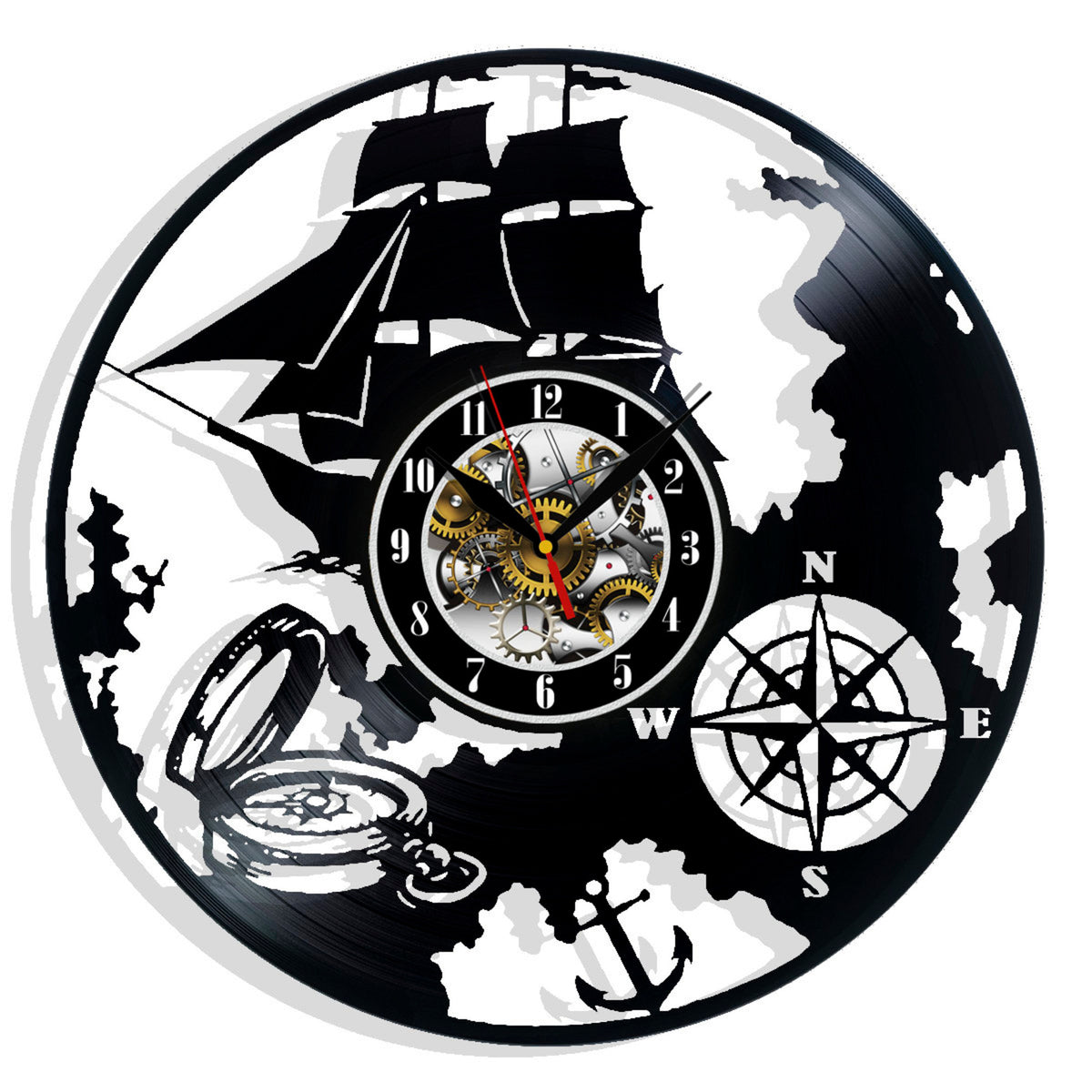 Ship Sea Compass Vinyl Record Wall Clock Gifts For Him Her Kids Decor For Home Bedroom Bathroom Kitchen Surprise Ideas For Best Friends