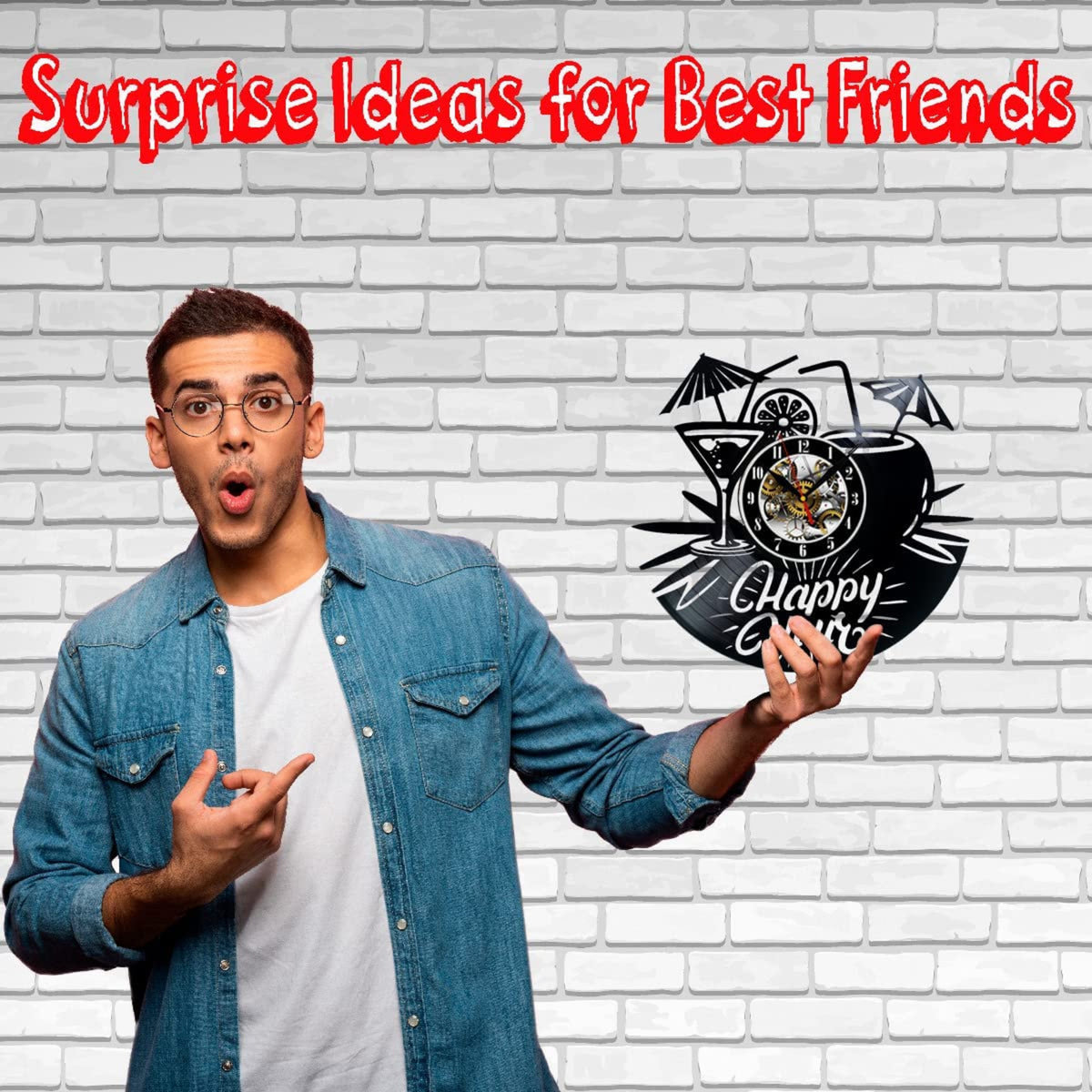 Happy Hour Vinyl Record Wall Clock Gifts For Him Her Kids Decor For Home Bedroom Bathroom Kitchen Art Surprise Ideas Friends
