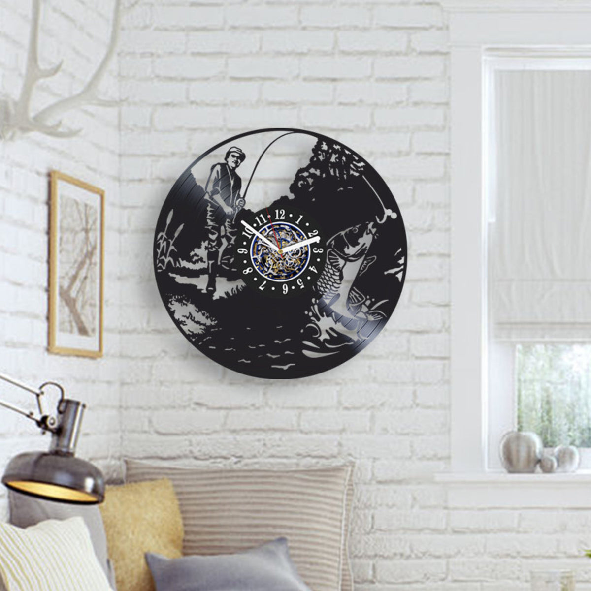 Fishing Man Vinyl Record Handmade Wall Clock Fishing Room Decor Original Decor For Mans House Fishing Lovers Gift Bday Gift For Husband