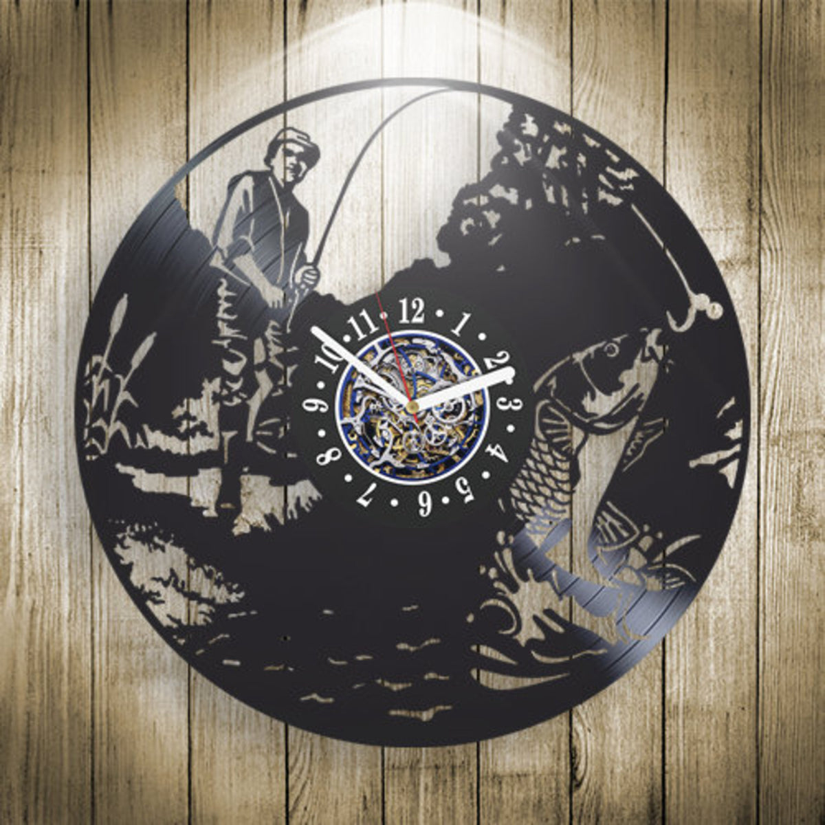 Fishing Man Vinyl Record Handmade Wall Clock Fishing Room Decor Original Decor For Mans House Fishing Lovers Gift Bday Gift For Husband