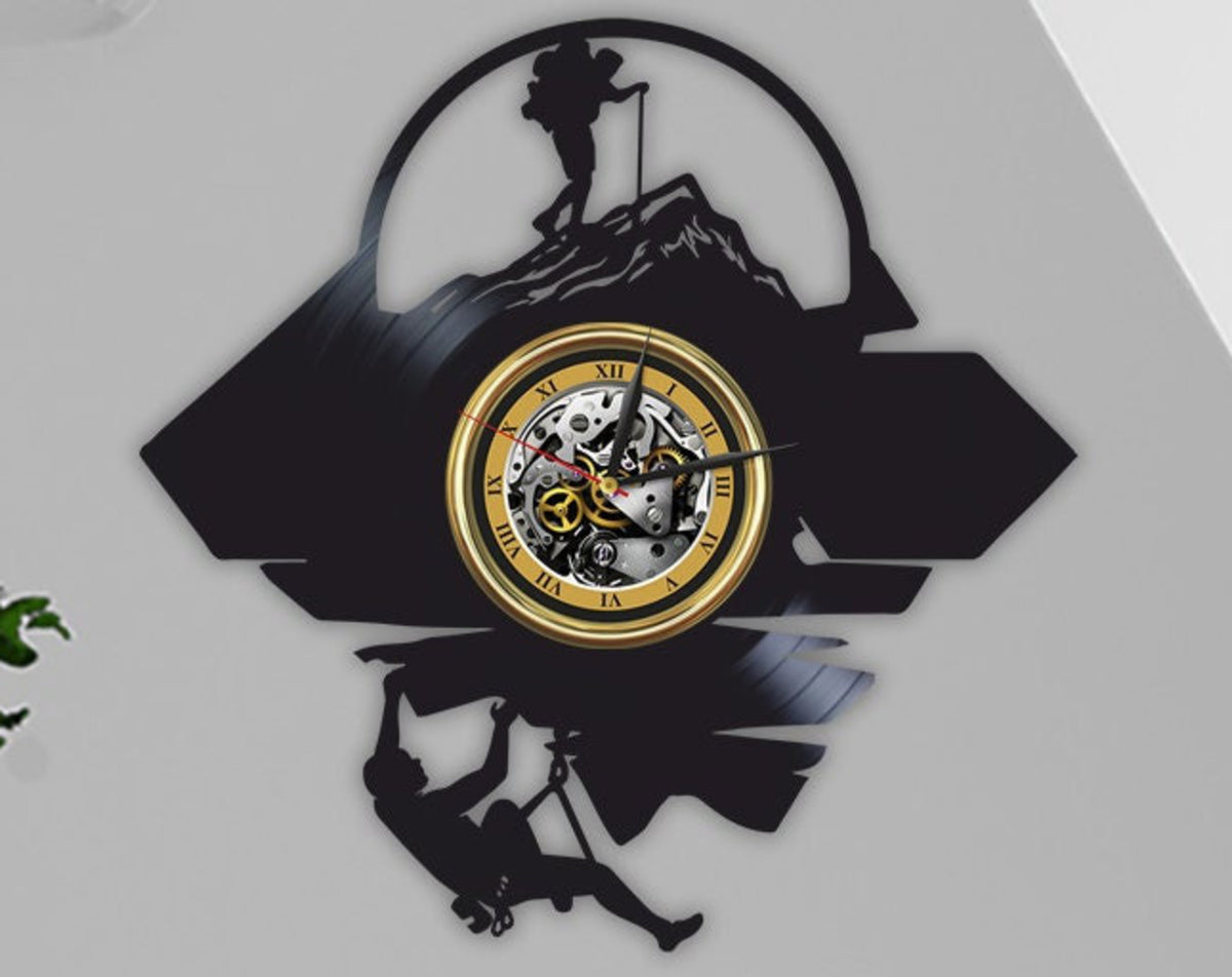 Mountain Travel Vinyl Record Laser Cut Wall Clock Travel Lover Gift Unique Wall Decor For Men Climber Wall Art Wedding Gift For Groom