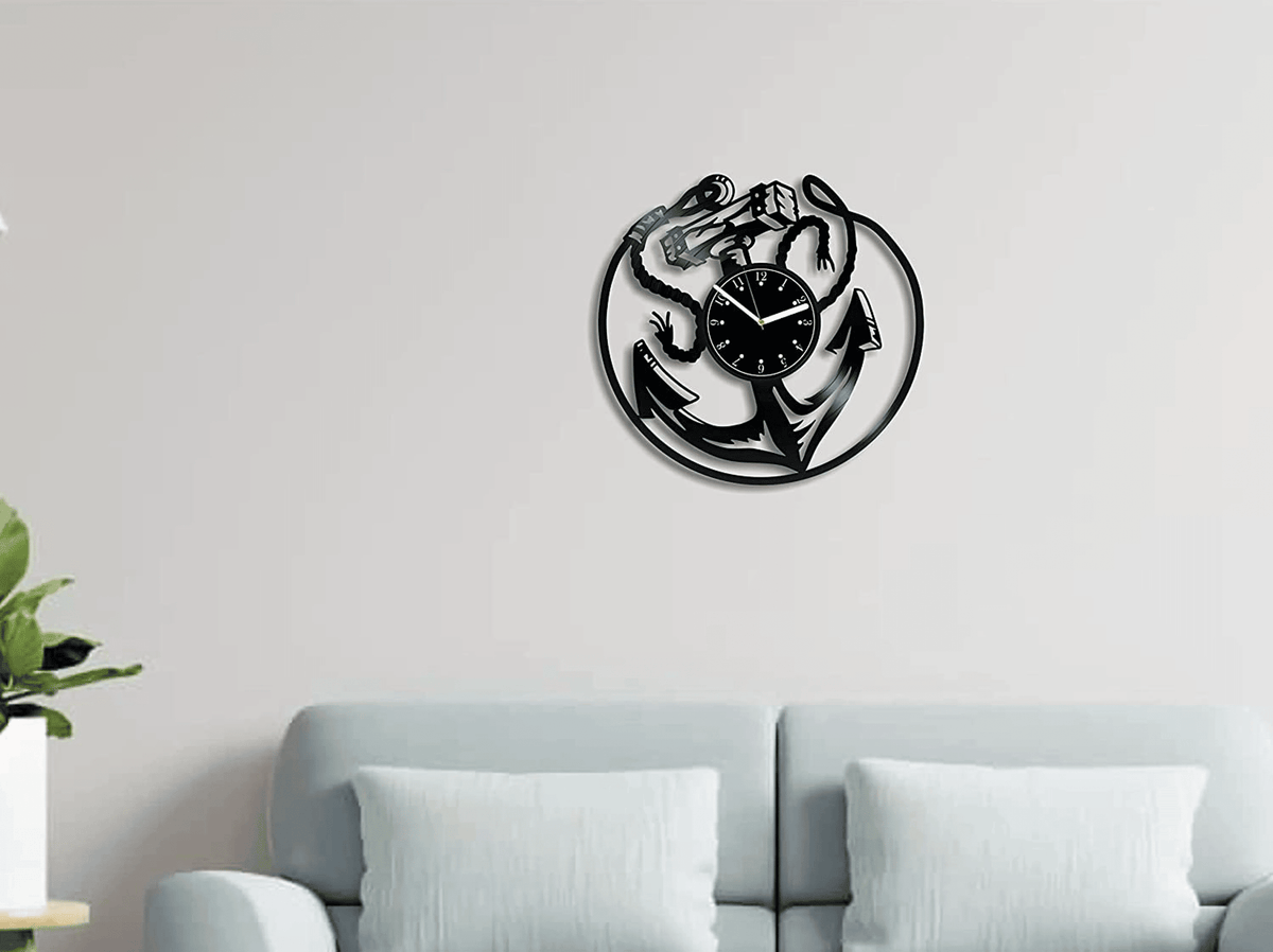 Anchor 12 Inch Vinyl Record Large Clock Ship Anchor Wall Art Birthday Gift For Son Kids Room Decor Sea Theme Baby Shower