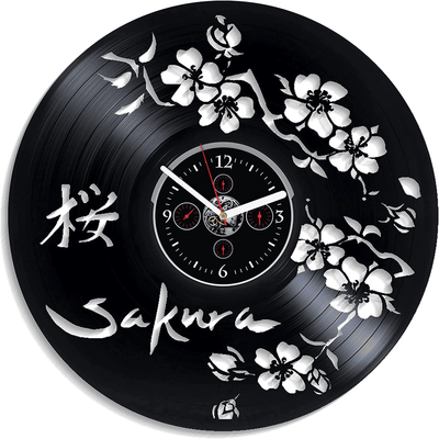 Sakura Vinyl Record Wall Clock Flowers Wall Decor Cute Decor For Room Wedding Gift For Couple Asian Wall Art Gift For Girlfriend