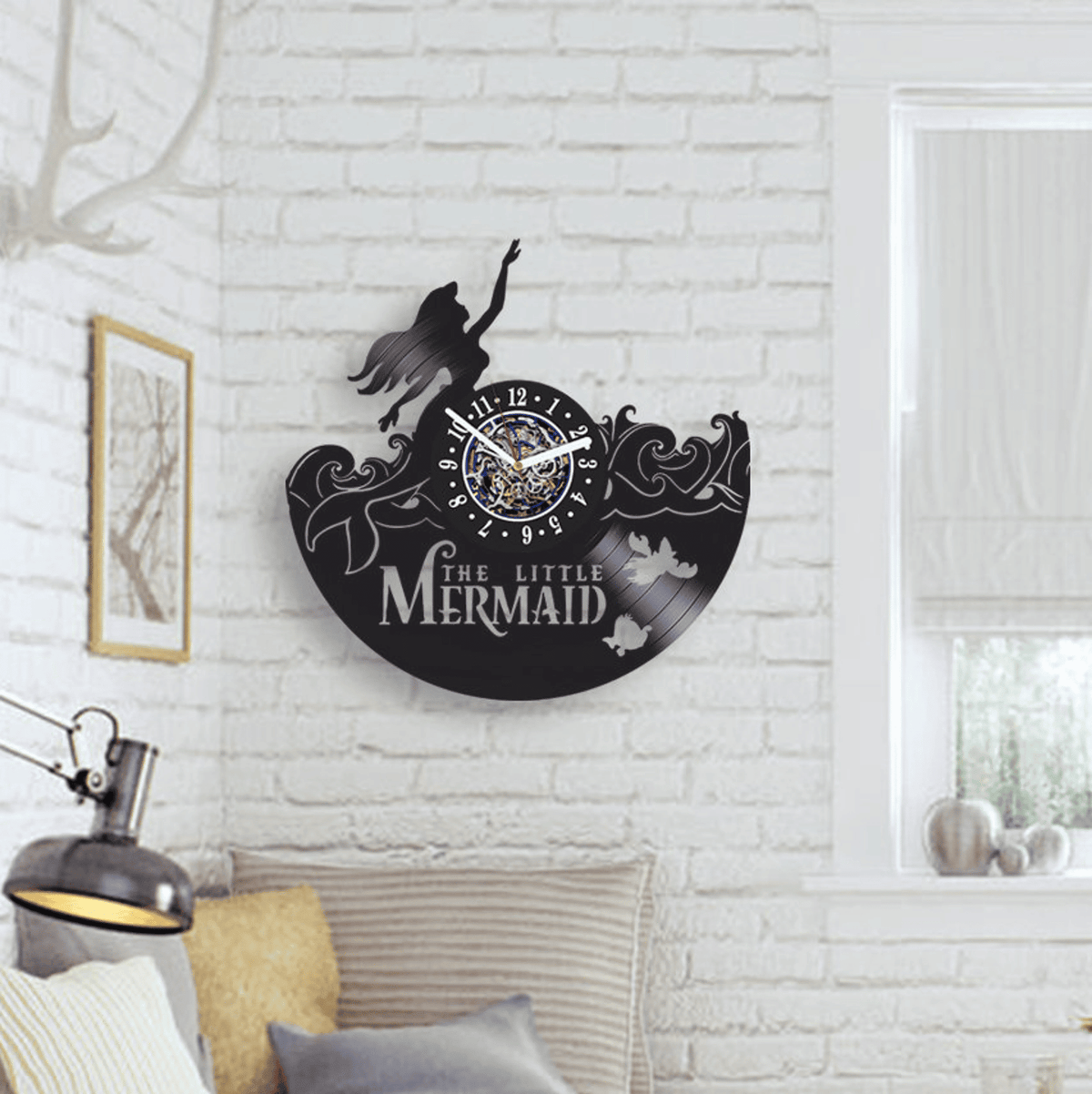Mermaid Ariel Vinyl Record Clock, Kids Room Wall Art, Unique Handmade Decor Items, Birthday Gift Idea For Daughter