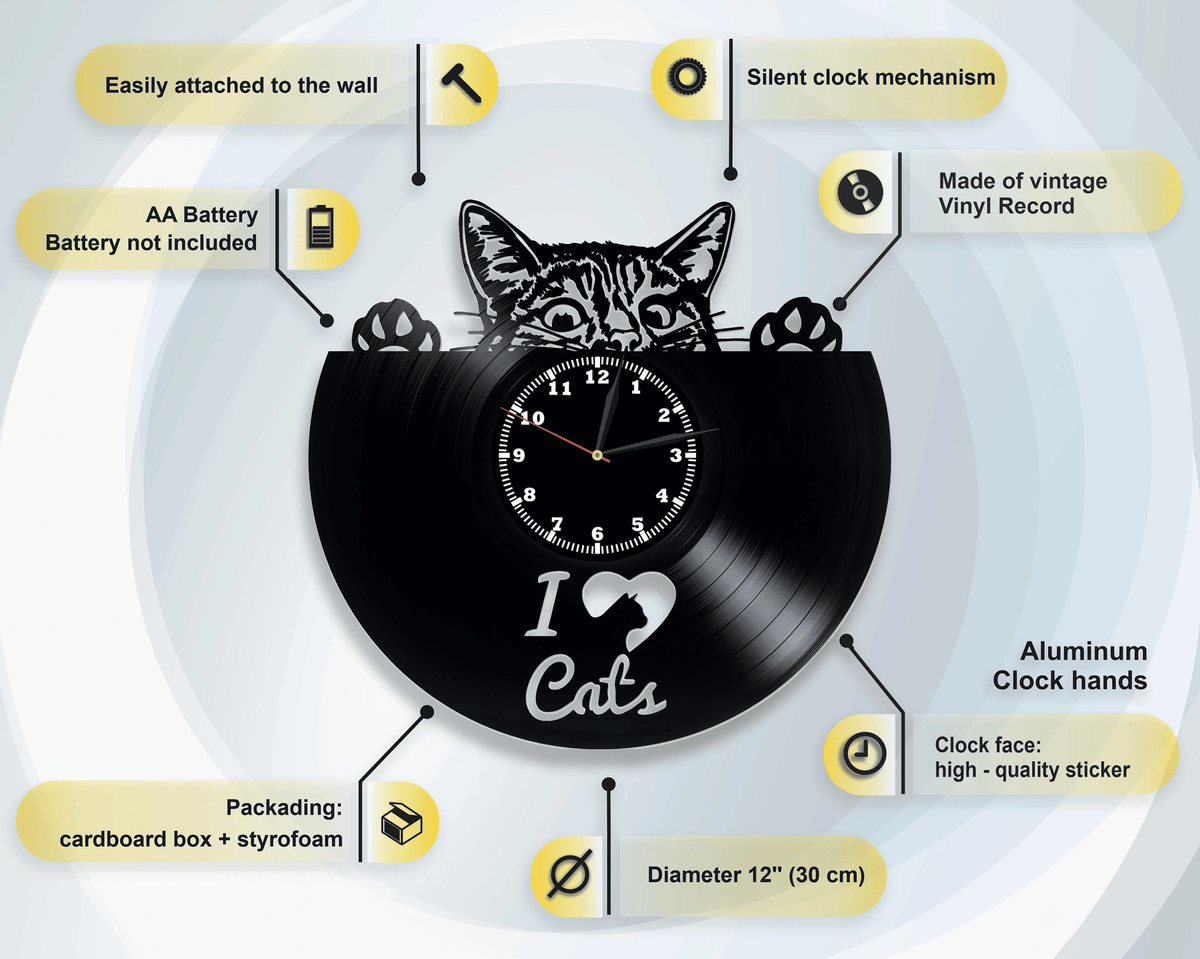 I Love Cats Vinyl Record Wall Clock Unique Art Modern Bedroom Decor Birthday Gift For Mom Laser Cut Animal