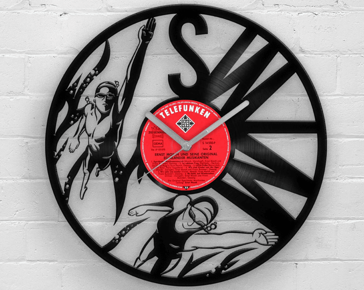Swimming Gift, Gifts for Swimmers, Vinyl Record Clock, Swimmer's Silhouette, Clocks for Kids, Girl Swimmer, Decor for Living Room, Wall Art