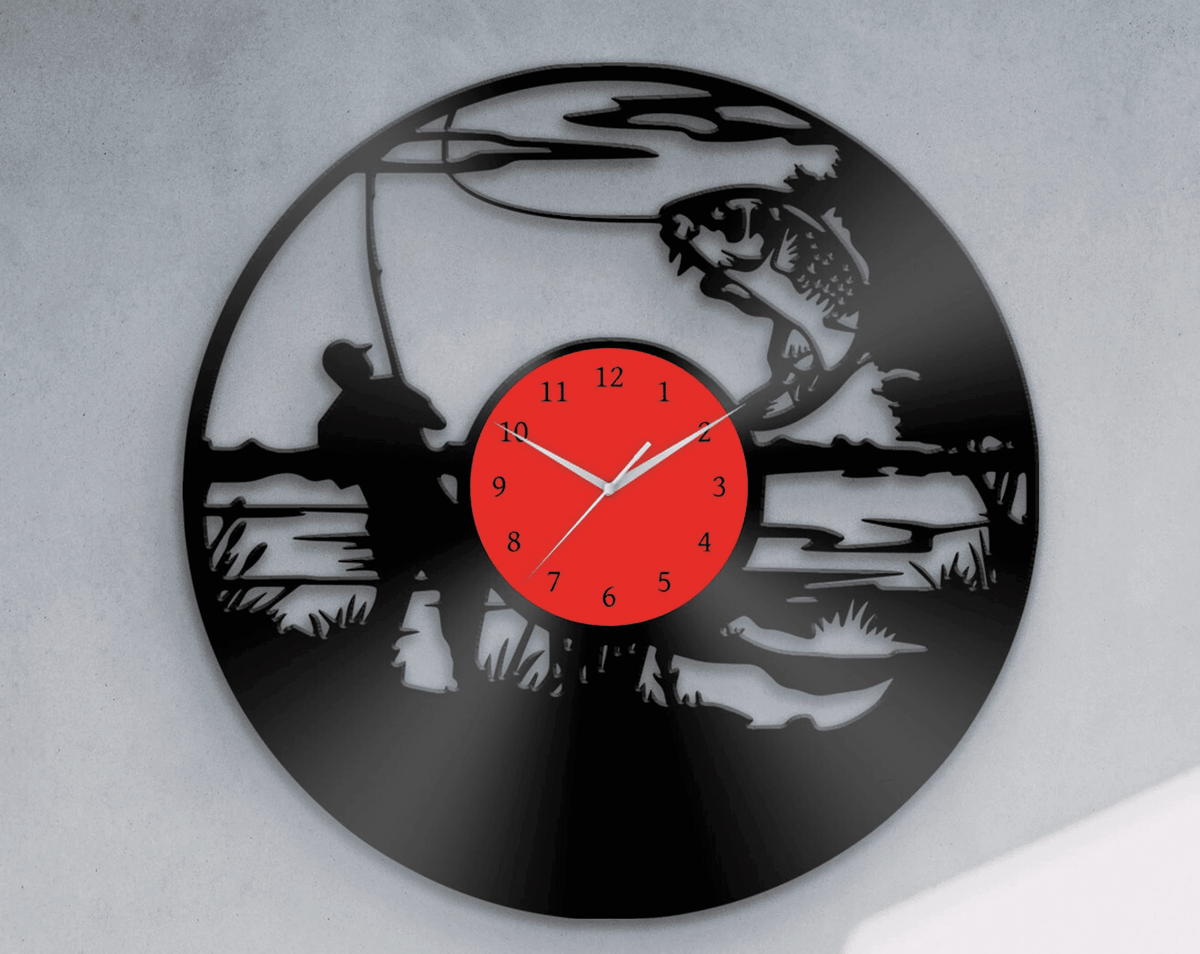 Best Gift for Fisherman, Fishing Gifts, Vinyl Clock, Father's Day Present, Wall Decor for Him, Catching Fish, Man Cave Art, Men Hobbies