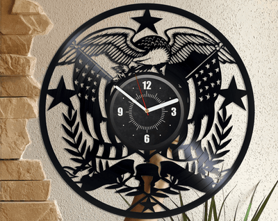 USA Eagle Vinyl Record Wall Clock Laser Cut Decor Patriot Wall Art Unique Decor For Home Eagle Flag Retirement Gifts For Coworker