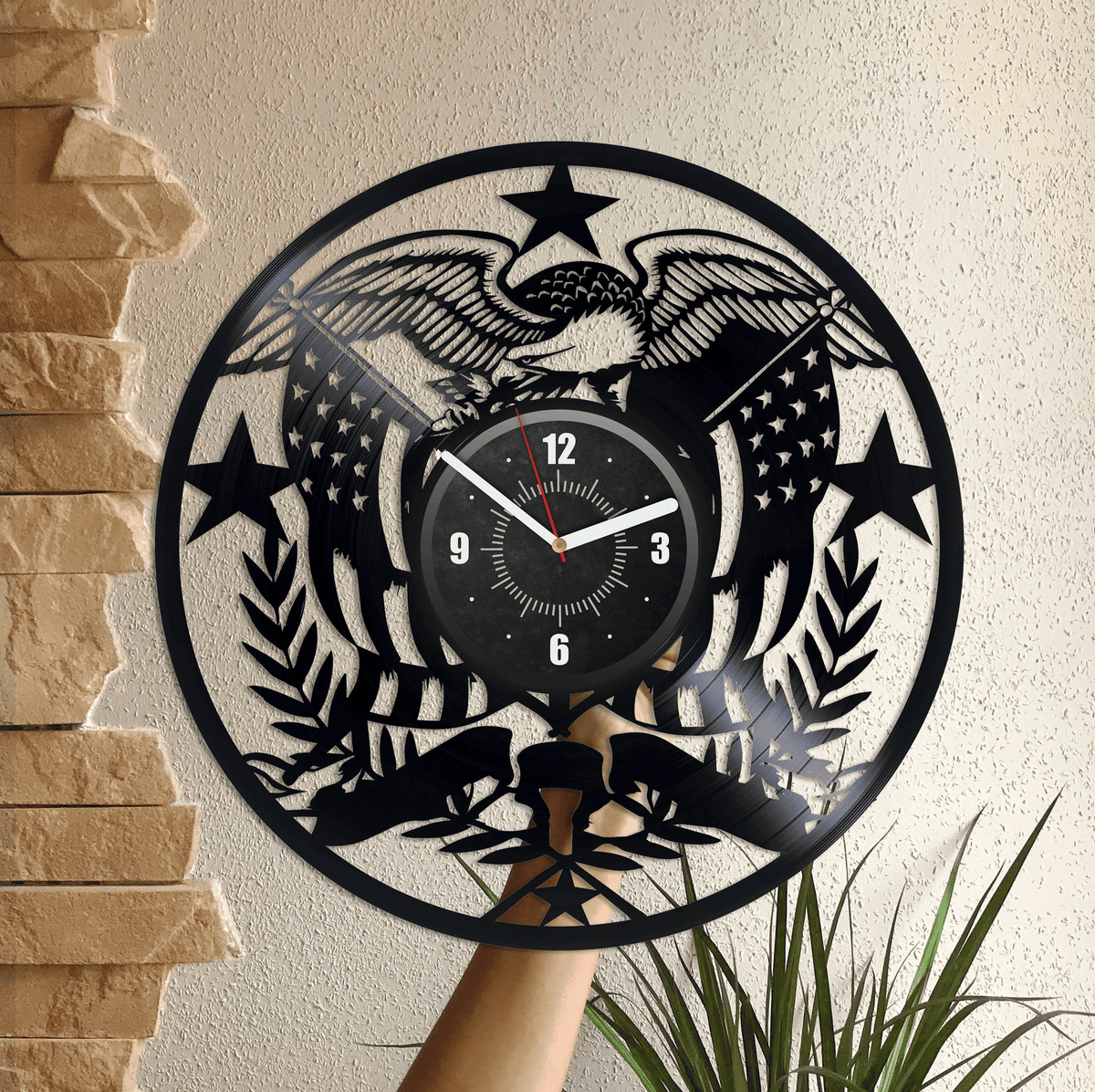 USA Eagle Vinyl Record Wall Clock Laser Cut Decor Patriot Wall Art Unique Decor For Home Eagle Flag Retirement Gifts For Coworker