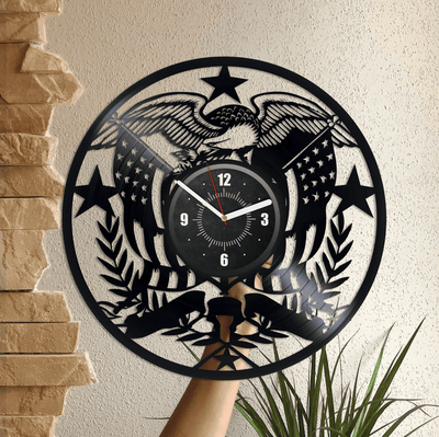 USA Eagle Vinyl Record Wall Clock Laser Cut Decor Patriot Wall Art Unique Decor For Home Eagle Flag Retirement Gifts For Coworker