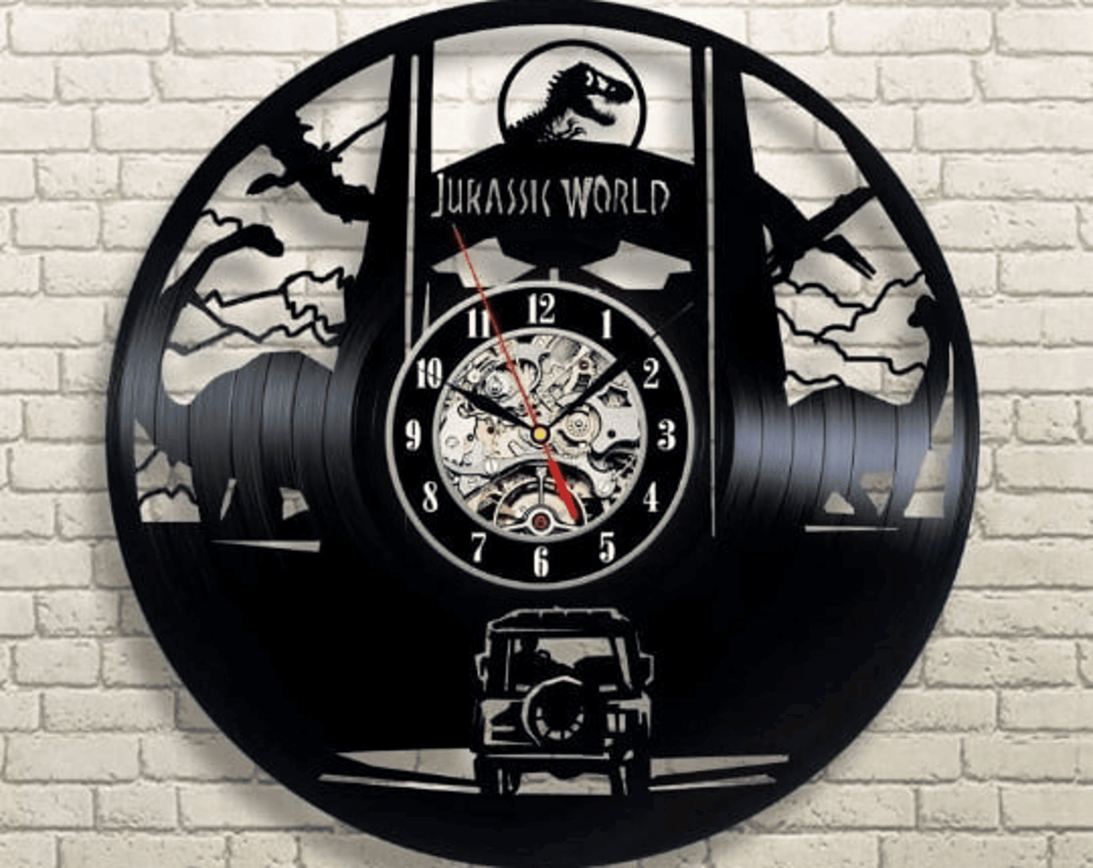 Jurassic World Vinyl Record Round Clock, Dinosaur Artwork, Wall Art For Kids, Dinosaur Room Decor For Boys, New Home Gift For Family