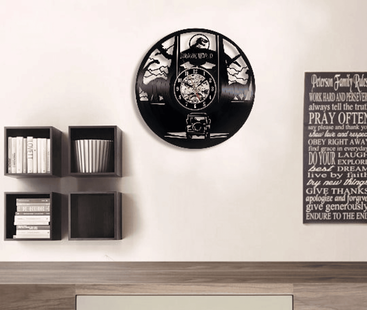 Jurassic World Vinyl Record Round Clock, Dinosaur Artwork, Wall Art For Kids, Dinosaur Room Decor For Boys, New Home Gift For Family