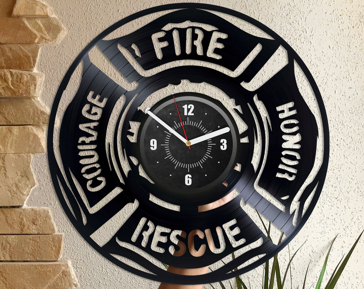 Fire Department Vinyl Record Round Wall Clock Fire Rescue Office Wall Decor For Men Laser Cut Art Fireman Gift Retirement Gifts For Women