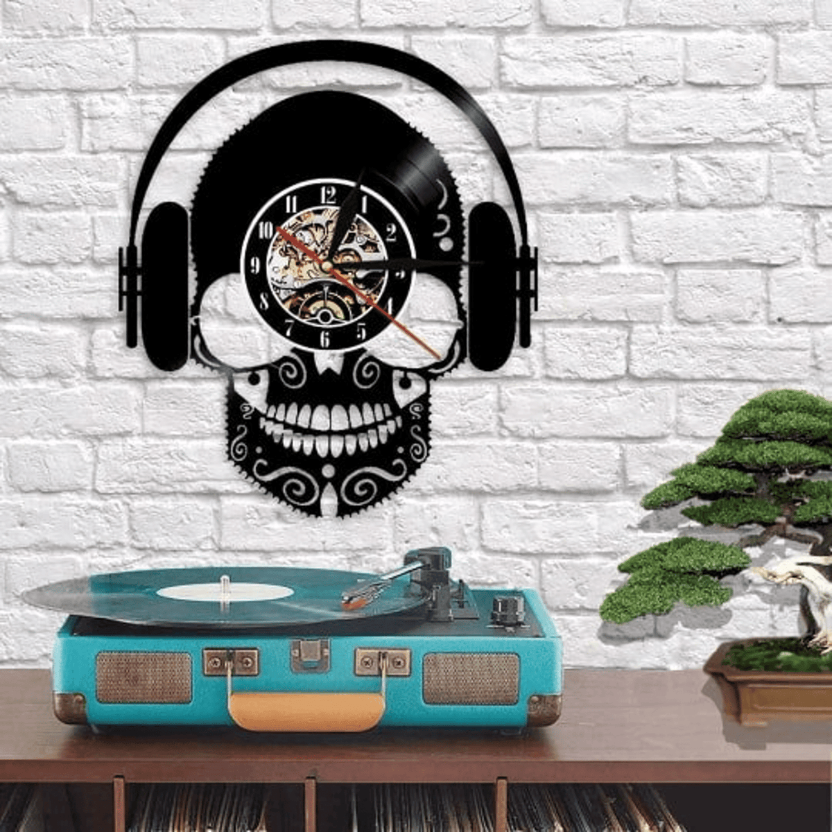 Skull Theme Vinyl Record Black Clock, Handmade Wall Decor For Men, Skull Art, New Year Gift, Gift For Music Teacher