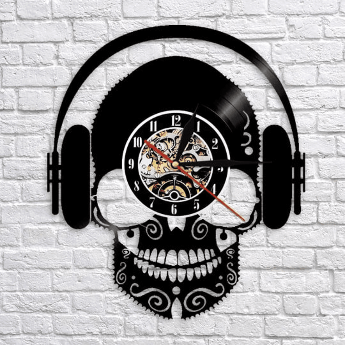 Skull Theme Vinyl Record Black Clock, Handmade Wall Decor For Men, Skull Art, New Year Gift, Gift For Music Teacher