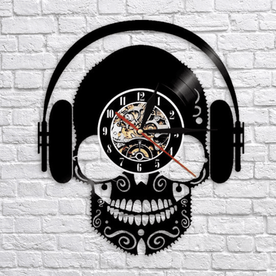 Skull Theme Vinyl Record Black Clock, Handmade Wall Decor For Men, Skull Art, New Year Gift, Gift For Music Teacher