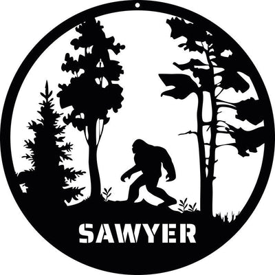 Round Bigfoot Mountain Personalized Metal Sign, Sasquatch Custom Name, Sasquatch Sign, Gifts For Him Wall Hanging, Lodge Cabin Decor Laser Cut Metal Signs Custom Gift Ideas