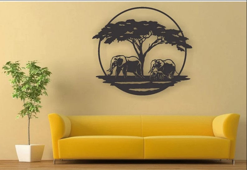 Elephant family under the tree Metal House Sign Laser Cut Metal Signs Custom Gift Ideas