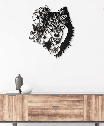 Howling Wolf Floral Metal House Sign