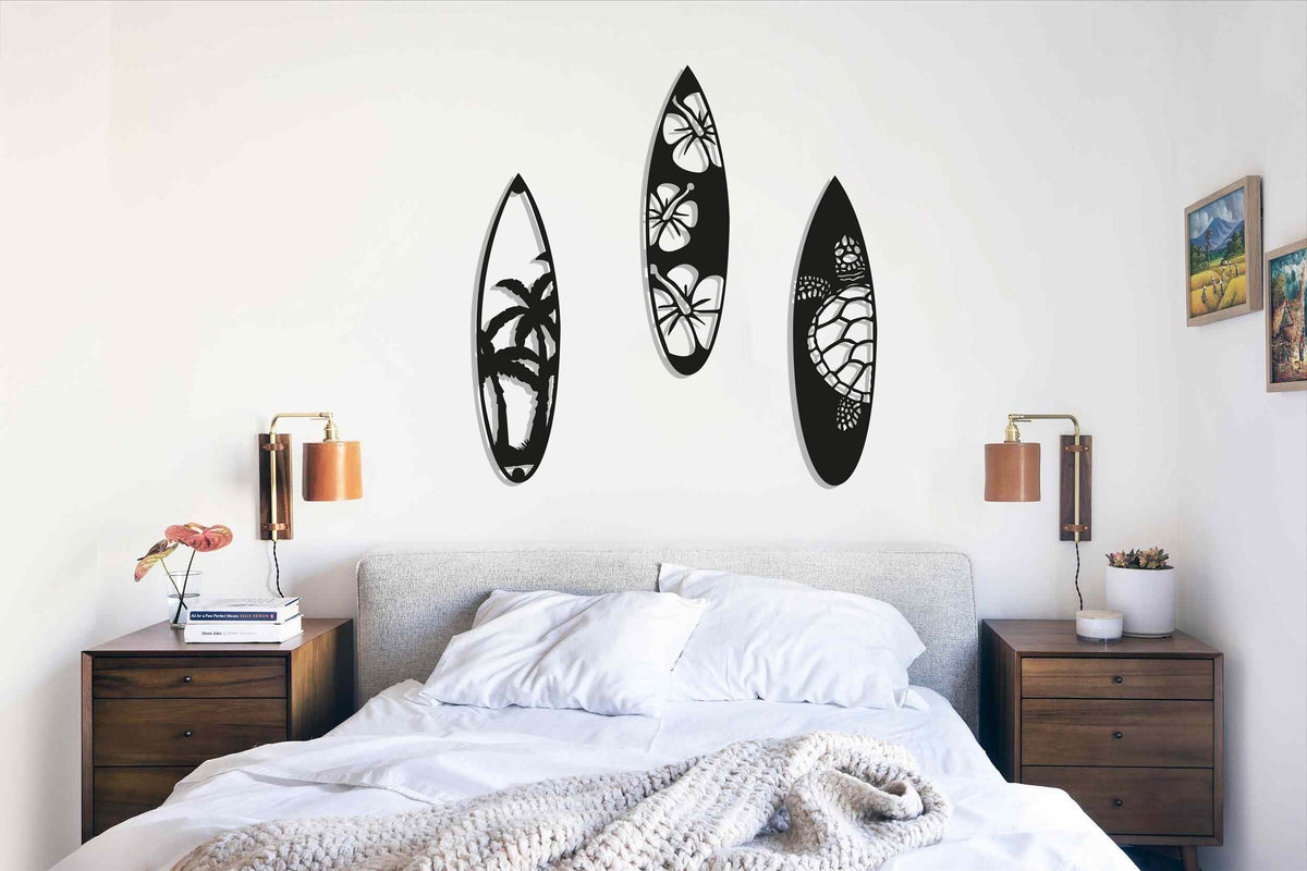 Surf Board Palm Tree Metal Wall Art, 3 Piece Surf Board Wall Decor, Gift For Surfers, Beach House Decor, Summer House Wall Art,, Metal Laser Cut Metal Signs Custom Gift Ideas
