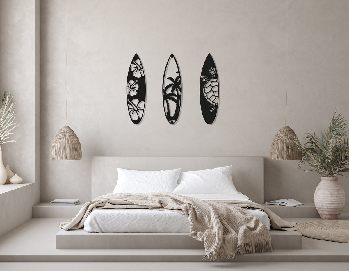 Surf Board Palm Tree Metal Wall Art, 3 Piece Surf Board Wall Decor, Gift For Surfers, Beach House Decor, Summer House Wall Art,, Metal Laser Cut Metal Signs Custom Gift Ideas