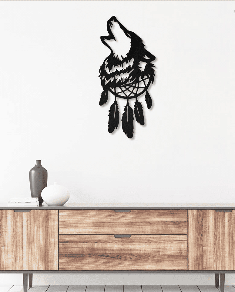 Native Wolf Dream Catcher Feathers Metal House Sign